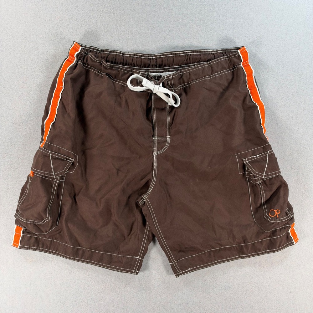 OP Ocean Pacific Board Shorts Cargo Brown Orange Stripe Mens 39 Swim Trunks